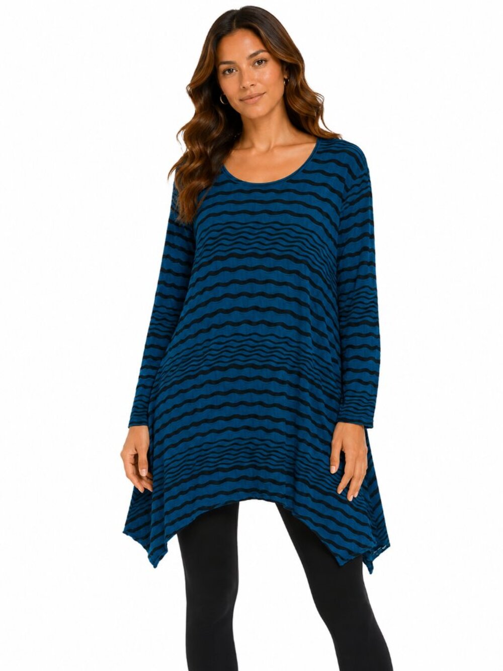 TIANELLO Asbury Teal Black Wavy Stripe Asymmetric Sharkbite Tunic Blouse Large